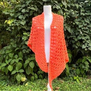 Vintage handmade bright orange crochet shawl poncho